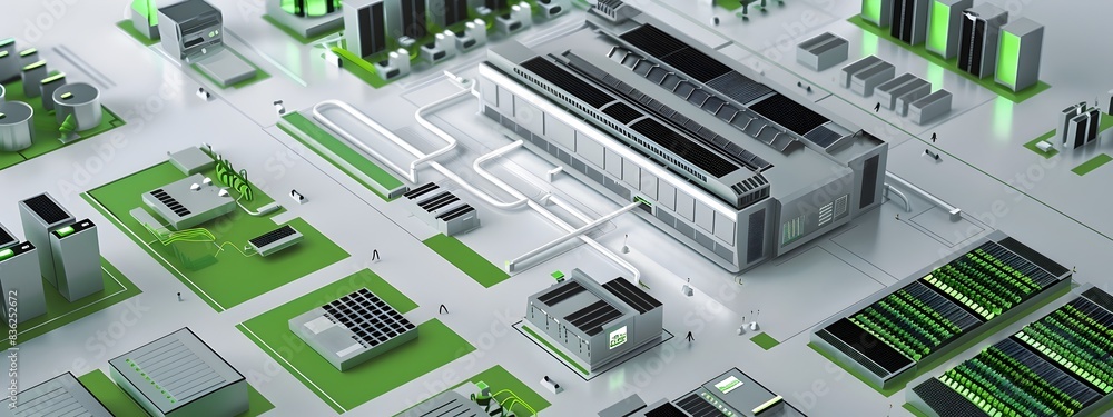 Poster sustainable d rendered data center layout with green elements and renewable energy sources