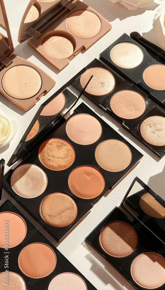 Poster close-up view of various makeup palettes showcasing contouring and highlighting powders. generative 