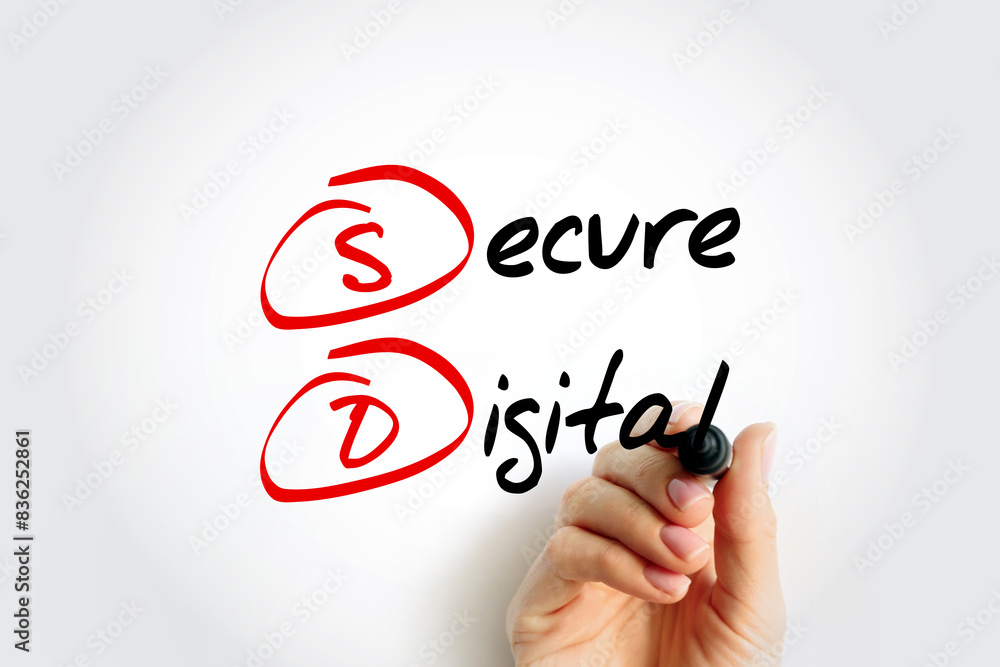 Poster sd - secure digital is a proprietary non-volatile memory card format, acronym text concept with mark
