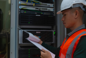 an asian man IT technician working on network Internet cables and servers and try to checklist on the paper board to maintenance the data sharing network