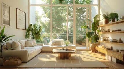 Fototapeta premium A living room with a white couch, a coffee table, and a potted plant