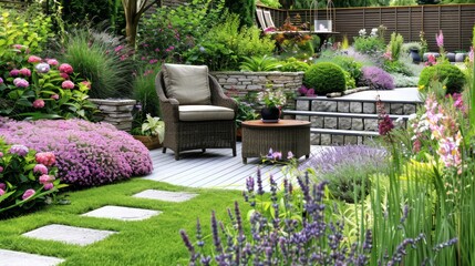 Naklejka premium A beautiful garden with a wooden chair and a table