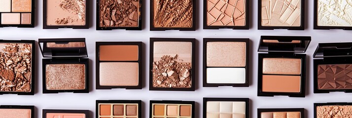 Fototapeta premium A collection of contouring and highlighting palettes arranged neatly on a light background. The palettes feature a variety of shades and textures, showcasing the beauty