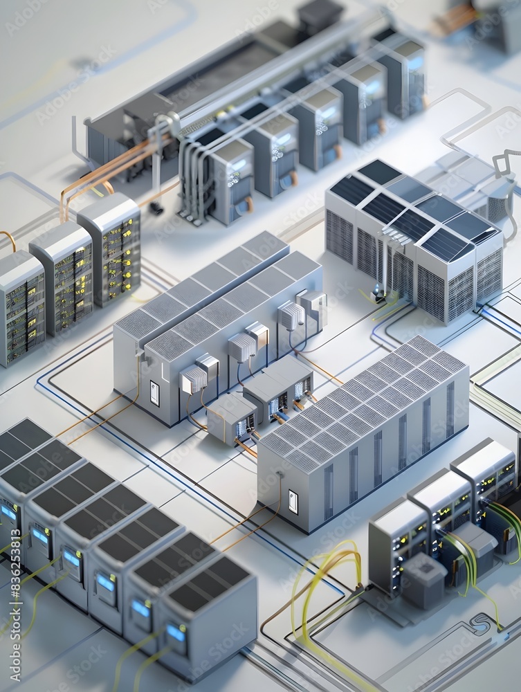Poster energyefficient data center diagram a d rendering showcasing innovative practices