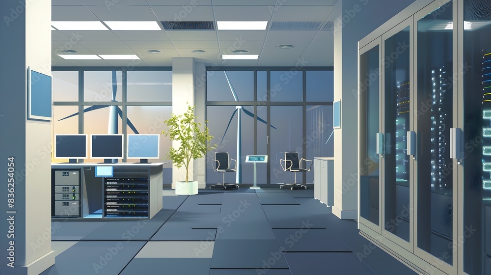 Poster windpowered it room innovative data center with wind turbine graphics