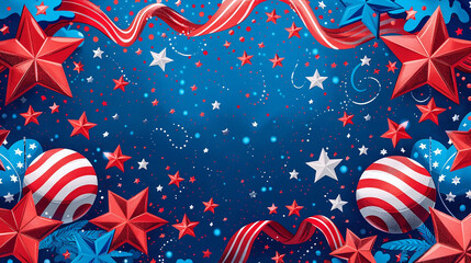 Obraz premium Festive background featuring red, white, and blue stars, stripes, and confetti, creating a celebratory and patriotic atmosphere.