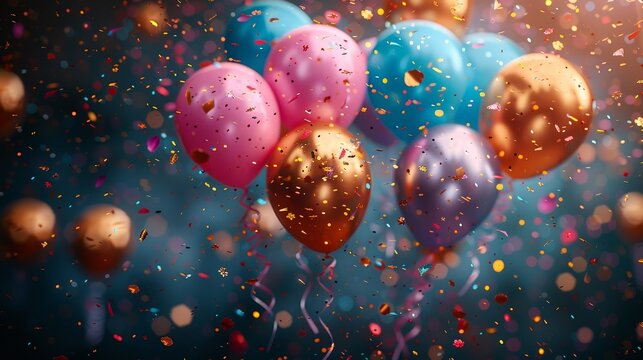 Colorful balloons and confetti floating in a festive celebration atmosphere, perfect for parties and joyful occasions.