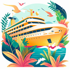  Flat illustration of a cruise ship surrounded by tropical foliage and seagulls,