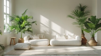 A white living room with two white couches and two potted plants