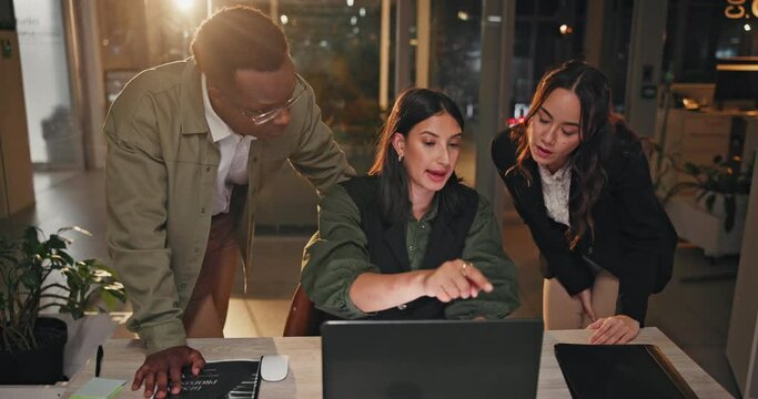 Night, office and business people with laptop for training, planning and brainstorming solution together. Startup, research and design team with mentor online for logo, discussion or coaching support