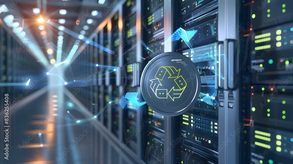 Poster of energy efficient data center badge representing eco friendly digital infrastructure