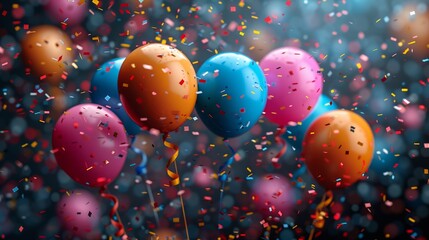 Vibrant party balloons float amidst colorful confetti, creating a festive and joyful celebration atmosphere.