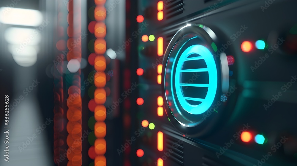 Poster 3d rendered energy efficient data center badge symbolizing sustainable computing practices