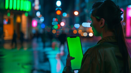 woman in a green jacket looks at her green phone while standing in a city at night.