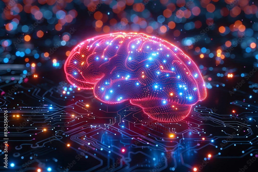 Poster futuristic depiction of artificial intelligence and neural networks, glowing digital brain with vibr