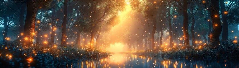 Fototapeta premium Enchanted forest scene with glowing fireflies and magical lighting creating a dreamy and whimsical atmosphere at dusk.