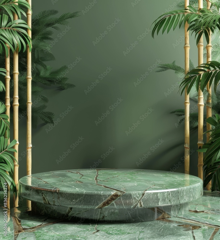 Poster 3d rendered green background with bamboo and marble platform for product display