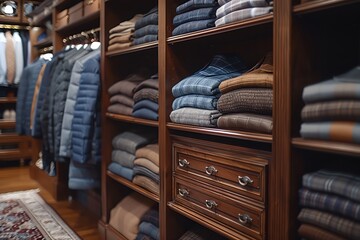 Neatly organized luxury fashion clothing in a stylish wooden closet. Perfectly folded sweaters and jackets in a well-designed wardrobe.