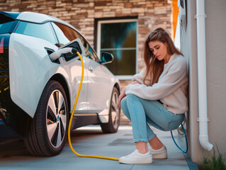 Young woman waiting while her electric car charging in home charging station