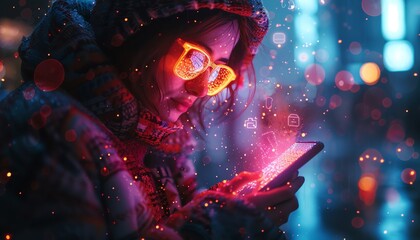 Young person wearing neon glasses looks at smartphone screen in vibrant, futuristic city lights at night, creating a digital dreamscape.