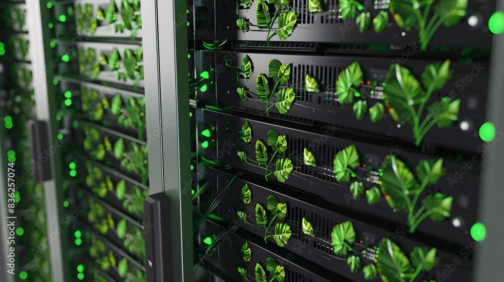 Poster energyefficient d rendered server rack with green leaf pattern