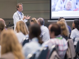 doctor teaching on a seminar at convention center, medical team sitting and listening presenter