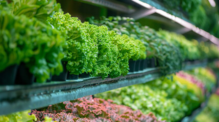 Innovative vertical farm showcasing layers of leafy greens and herbs growing under artificial lighting highlighting sustainable urban agriculture practices