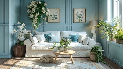 A cozy cottage-style living room with white and light blue walls, decorated with floral accents and a wooden coffee table.