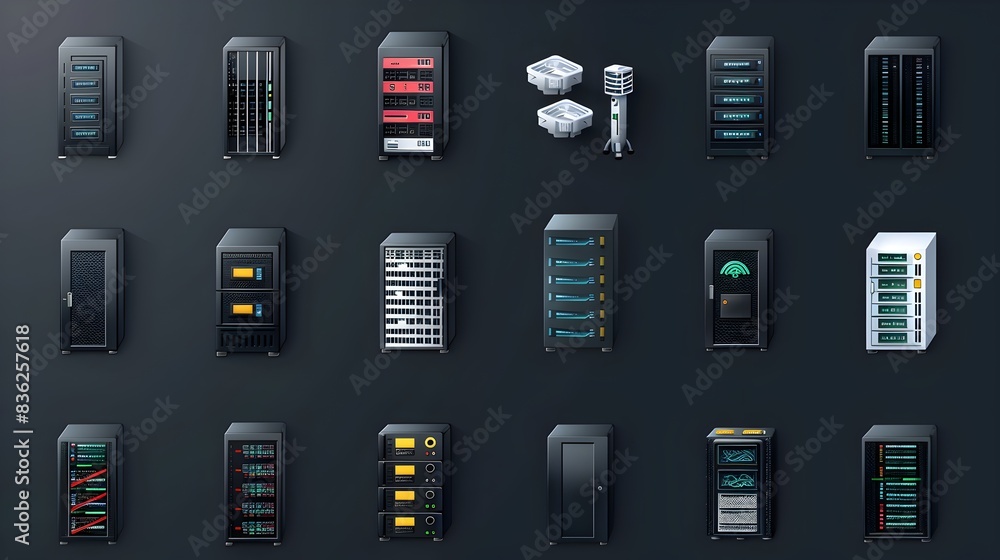 Poster energyefficient data center icon set a d rendered collection of ecofriendly data center icons
