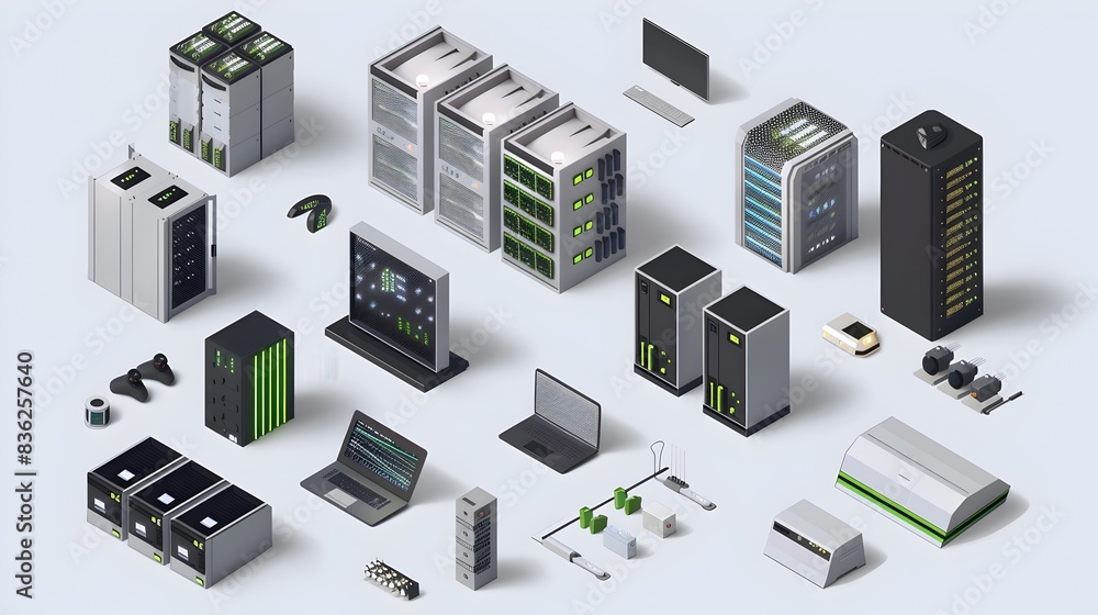 Poster energyefficient data center icon set d render of ecofriendly it infrastructure