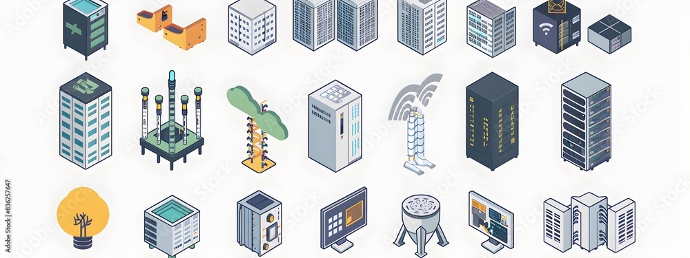 Poster energyefficient data center icon set of ecofriendly server room infrastructure