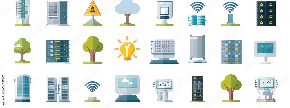 Poster energyefficient data center icon set of ecofriendly server infrastructure