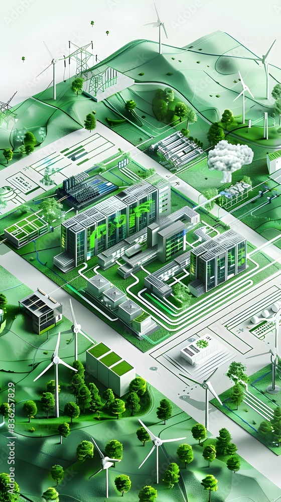 Poster ecofriendly d rendered data center map with renewable energy sources