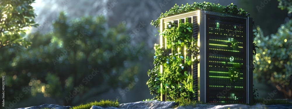 Poster green energy server design a d render of ecofriendly server infrastructure