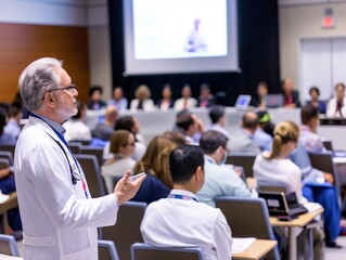 doctor teaching on a seminar at convention center, medical team sitting and listening presenter
