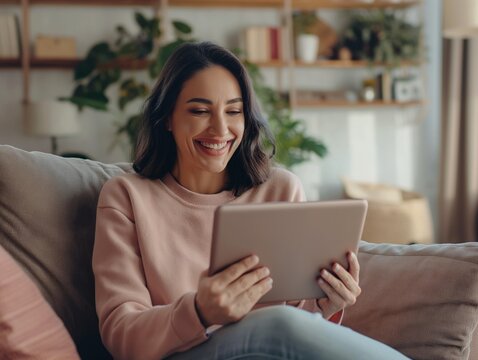 Mature woman using digital tablet at home, talking on video call in her living room