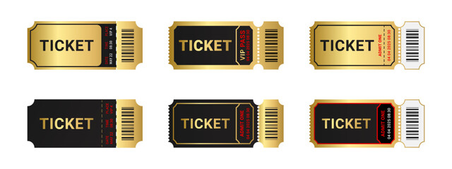 Ticket and coupon in black gold color isolated on background