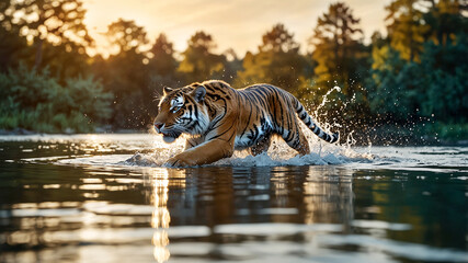 A tiger/bangle tiger walking across a field near a river of water, Amazon jungle, golden hour....