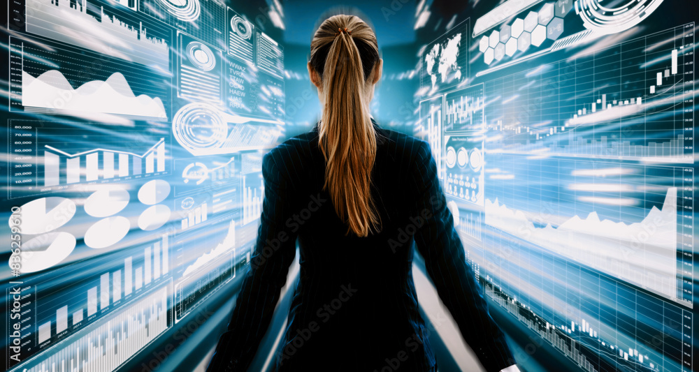 Poster big data technology for business finance analytic concept. modern interface shows massive informatio