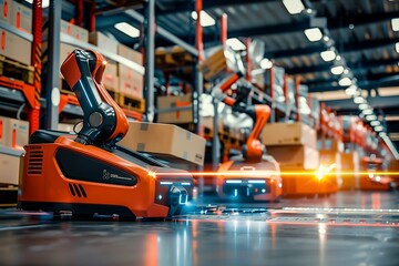 Fototapeta premium Advanced Automation Warehouse Robots Sorting Packages in High-Tech Setting