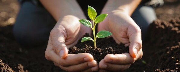 Hands holding soil with a young plant, symbolizing growth and nurturing. Ideal for promoting environmental sustainability, gardening, and events like Earth Day and Arbor Day.