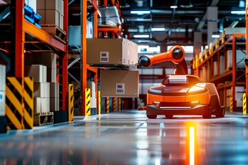 Fototapeta premium Advanced Automation Warehouse Robots Sorting Packages in High-Tech Setting