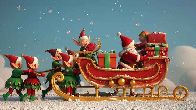 286 Imaginative 3D cartoon scene of Santas elves joyfully load his sleigh with presents