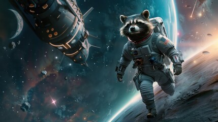 Fototapeta premium Raccoon animal wearing astronaut suit floating in space Background wallpaper AI generated image