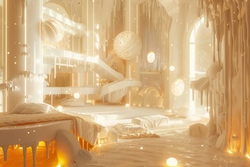 The entire scene should have a harmonious color palette dominated by white tones, with subtle glowing light effects enhancing the overall joyful and vibrant atmosphere