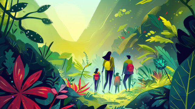 Vibrant Family Hiking Adventure in Lush Forest - Illustration of Joyful Nature Connection