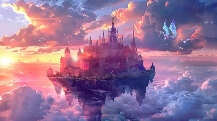 Fototapeta premium A majestic floating castle in the sky surrounded by clouds and mythical beasts, with vibrant hues of sunrise