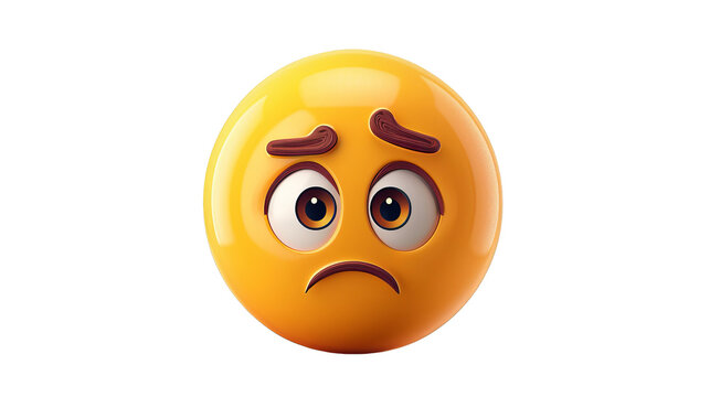 3D rendering of a sad face emoji with big eyes and a frowning mouth.