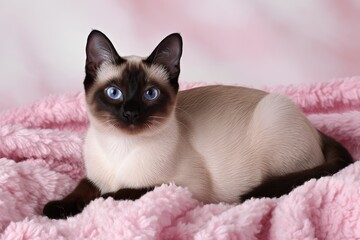 Studio photo of a siamese cat isolated against a background of pastel shades, creating a soft and appealing visual.