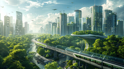 Eco-Friendly Urban Utopia: Futuristic Digital Art of Sustainable Green City with Advanced Transportation Systems